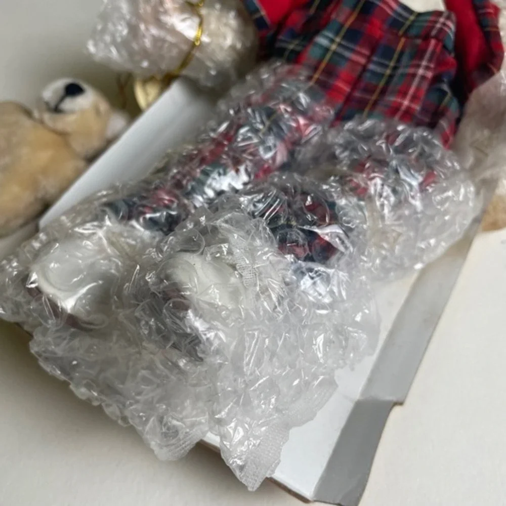 Collectible Porcelain Doll Boy Plaid Outfit‎ Teddy Bear Ornament New